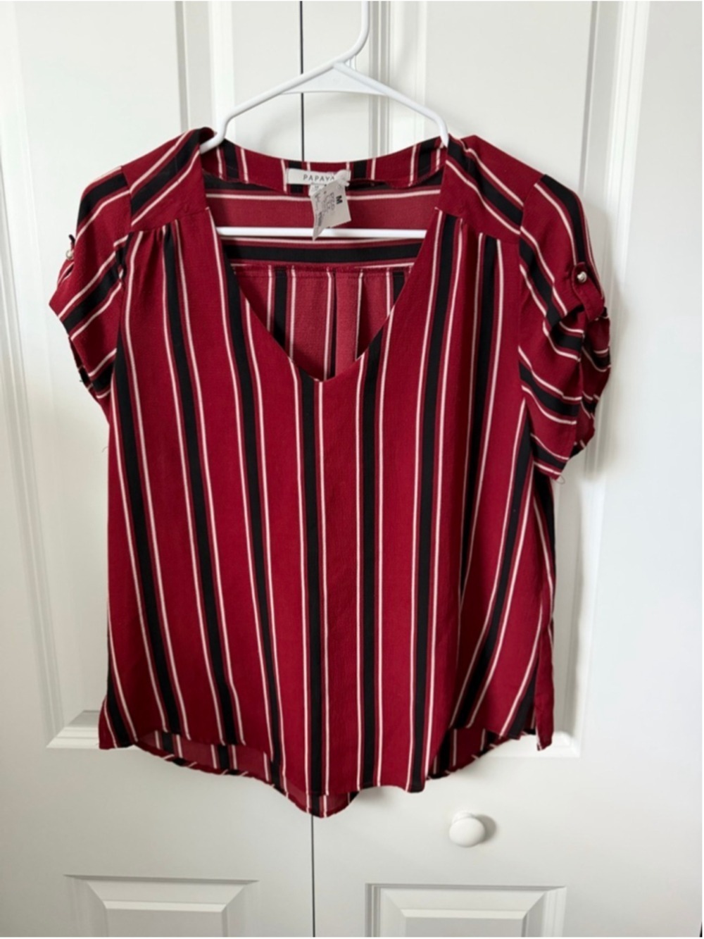 Papaya Blouse M Maroon Black Striped Short Sleeve EUC